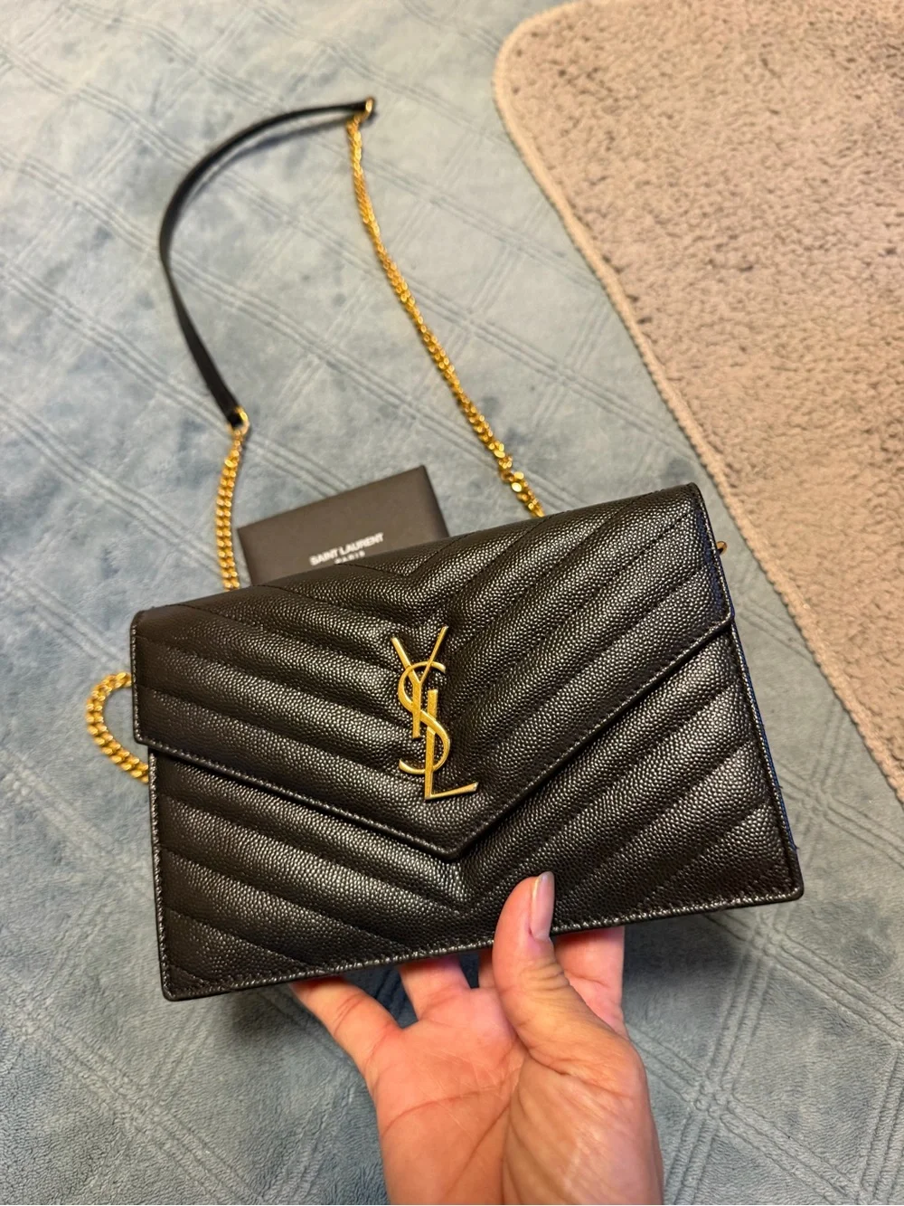 Saint Laurent Black Quilted Leather Chain Wallet - Black/Gold with box